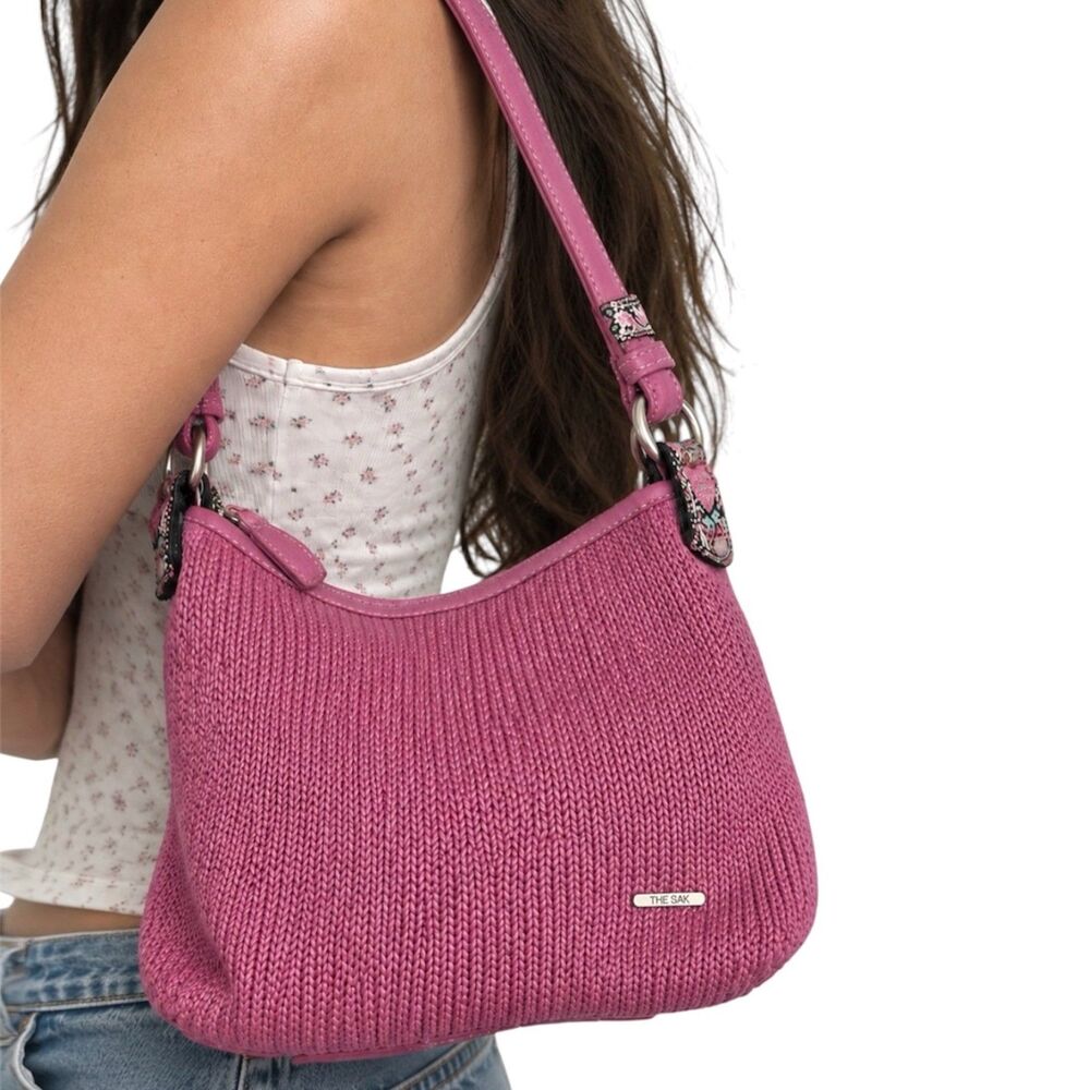 Vintage The Sak Pink Crochet Shoulder Bag Y2K Boho Floral Upcycled Purse